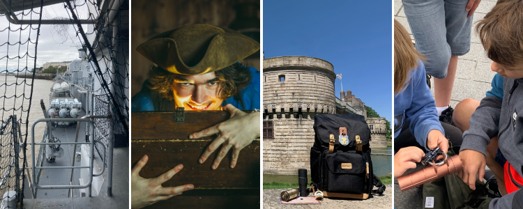Photos de Maillé-brézé, d'un corsaire avec un trésor, le château des Ducs de Bretagne avec un sac à dos de la Ligue des Gentlemen